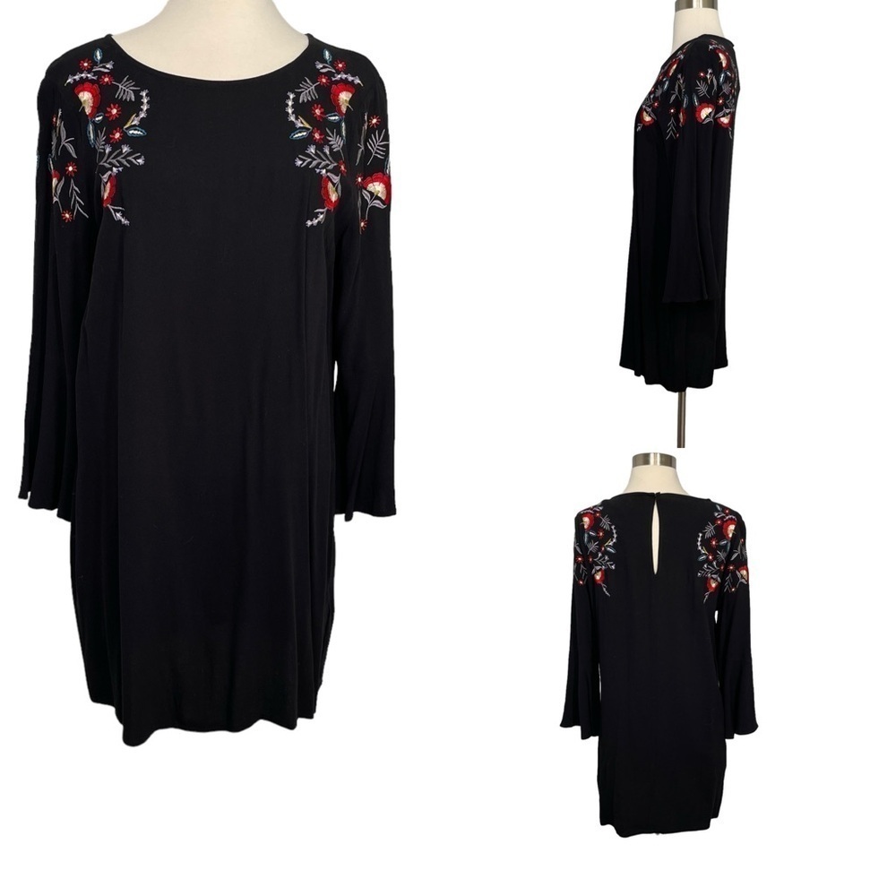 Jack by BB Dakota Black and Red Long Sleeve Dress with Floral Embroidery NWT
